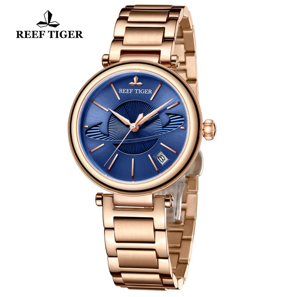 Reef Tiger/RT Luxury Creative Watch Rose Gold Blue Watch for Ladies Waterproof Women Watch Relogio Feminino RGA1591 enlarge