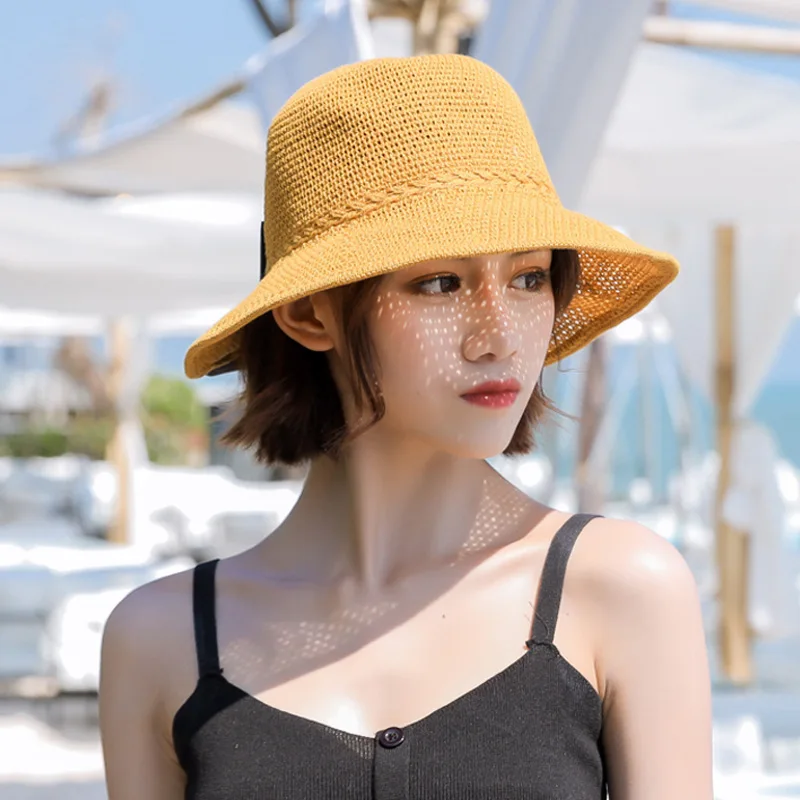 Spring Summer Bucket Hat Elegant Women Hollow Foldable Fisherman Hats For Lady knit Bow Travel Sun Girls Gift Female | Аксессуары для