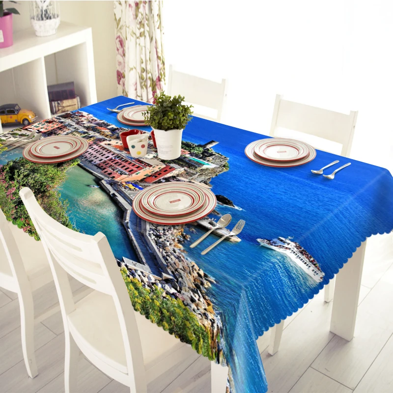3D Tablecloth Seaside Town Scenic Pattern Waterproof/oil-proof Thicken Polyester Rectangular Wedding Table cloth Home Textiles | Дом и сад