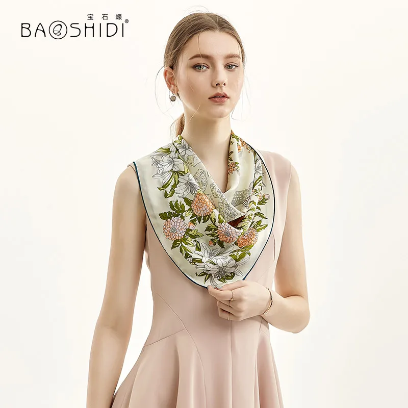 [BAOSHIDI] модные шарфы для шеи, шелковый шарф для женщин, женский весенний платок из чистого шелка, ручная работа, шарф с ручным принтом - Цвет: 1022182094