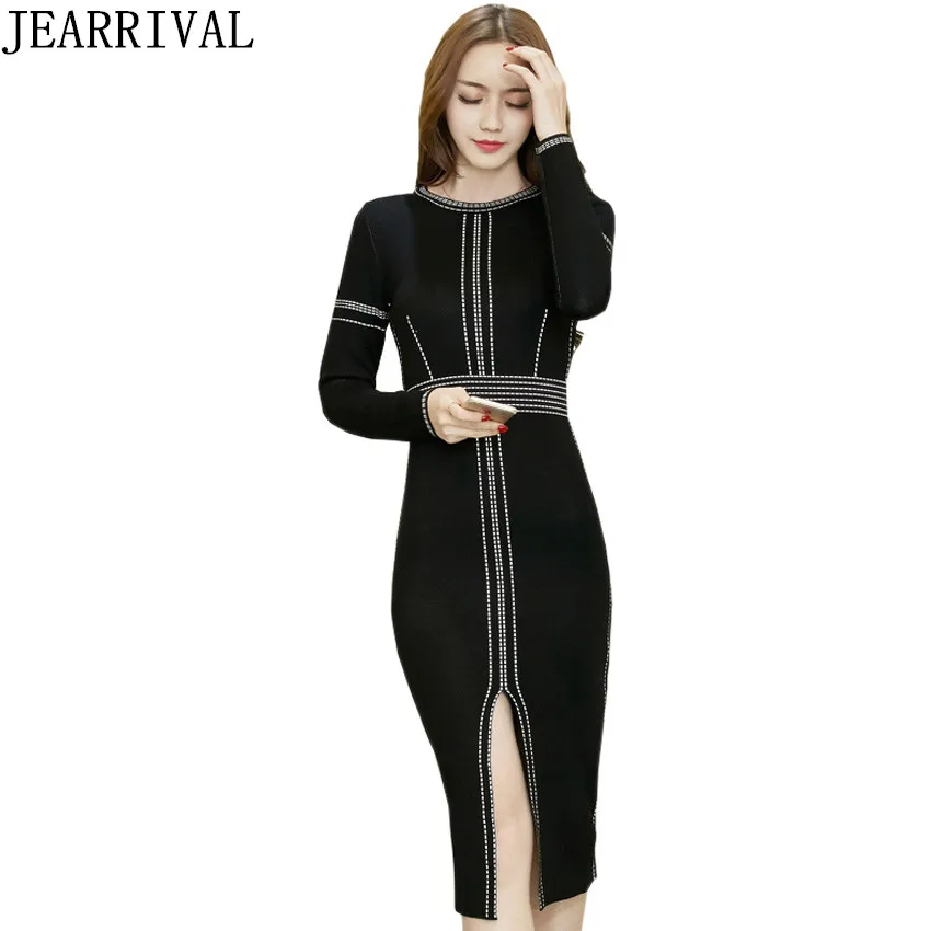 Модные осень зима платье 2018 Новая женская с длинным рукавом Slim Bodycon Повседневное