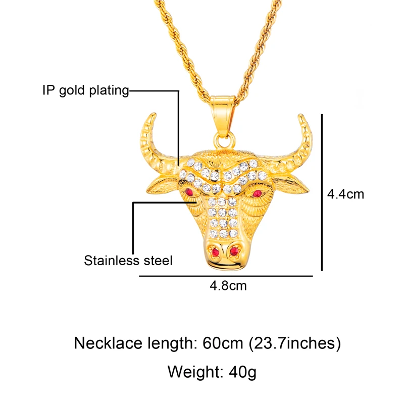 Хип хоп микро проложить Стразы голова животного быка ожерелье золотой цвет 316L