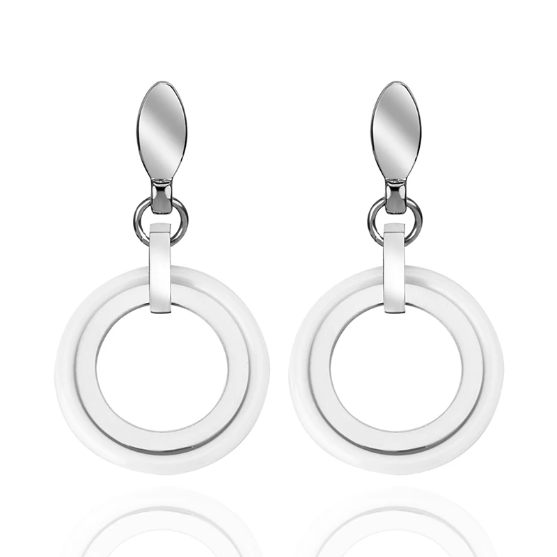 Двойные круглые серьги подвески 20 мм гладкие из керамики и нержавеющей стали