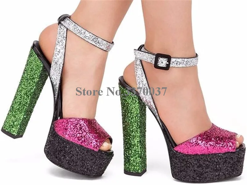 Women Charming Fashion Peep Toe Sequined High Platform Sandals Ankle Strap Super High Heel Sandals Wedding Shoes Club Shoes