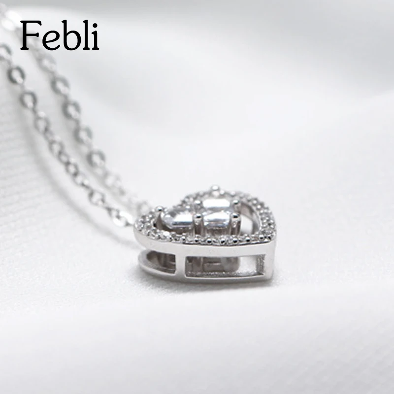 Febli S925 Серебряное сердце ключицы цепи с кубического циркония тонкий и элегантный