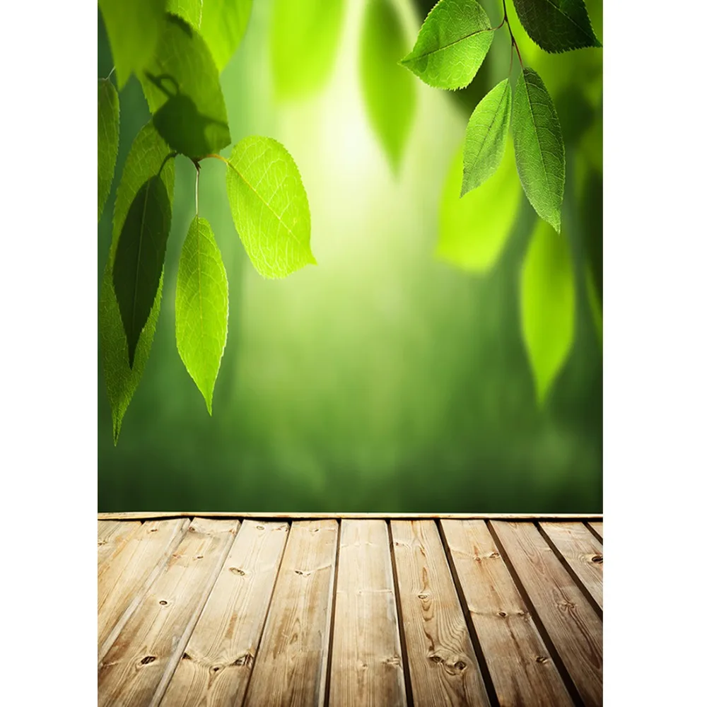 Зеленые листья фон для фотографирования с изображением деревянного пола