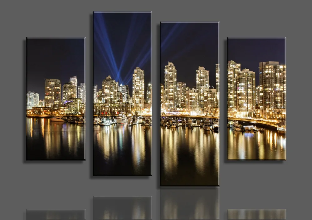 Настенное искусство изображение сияющего города 4 панели/комплект Hd Печать на