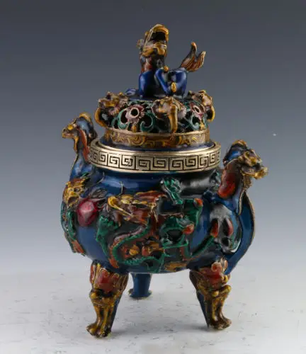 Редкие Cloisonne ручной работы Дракон благовония горелки и Foo крышка собаки w Xuande