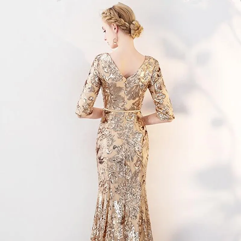 Роскошные золотые вечерние платья с пайетками халат De Soiree 2019 V шеи длинное Длина