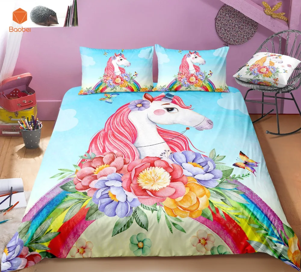 

3D Flowers rainbow Unicorn Bedding Set Pillowcas Cartoon Bed Duvet Cover for Kids 3pcs Colorful Bedclothes Quilt CoverSj231