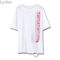 lychee harajuku summer women t shirt hole letter ribbon casual loose short sleeve t shirt tee top female