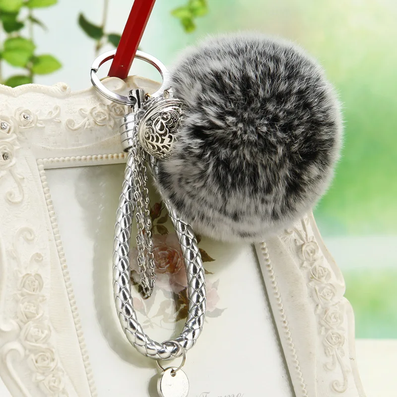 

Fashion Leather Braided Rope Metal Silver Bell Keychain 8cm Rex Rabbit Fur Pom Pom Keychain DIY Accessory Charm Bag Car Pendant