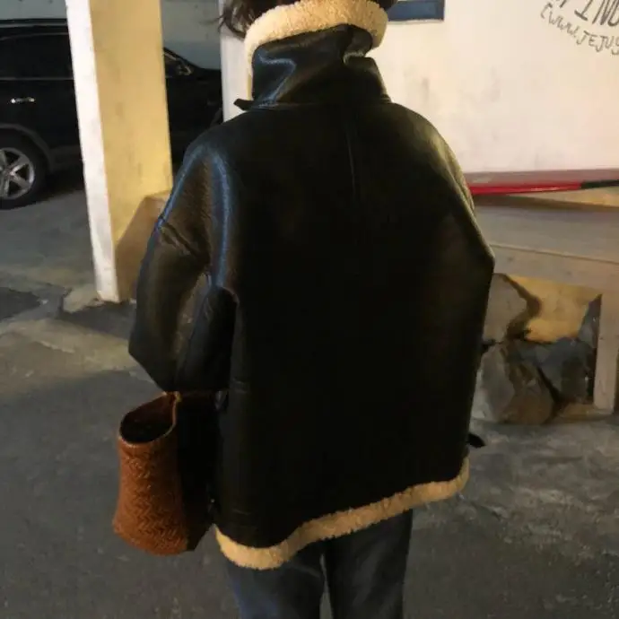Женские пальто из искусственной овчины, Осень-зима, женские винтажные короткие куртки с длинным рукавом и молнией, Мотоциклетные Куртки с отложным воротником V623