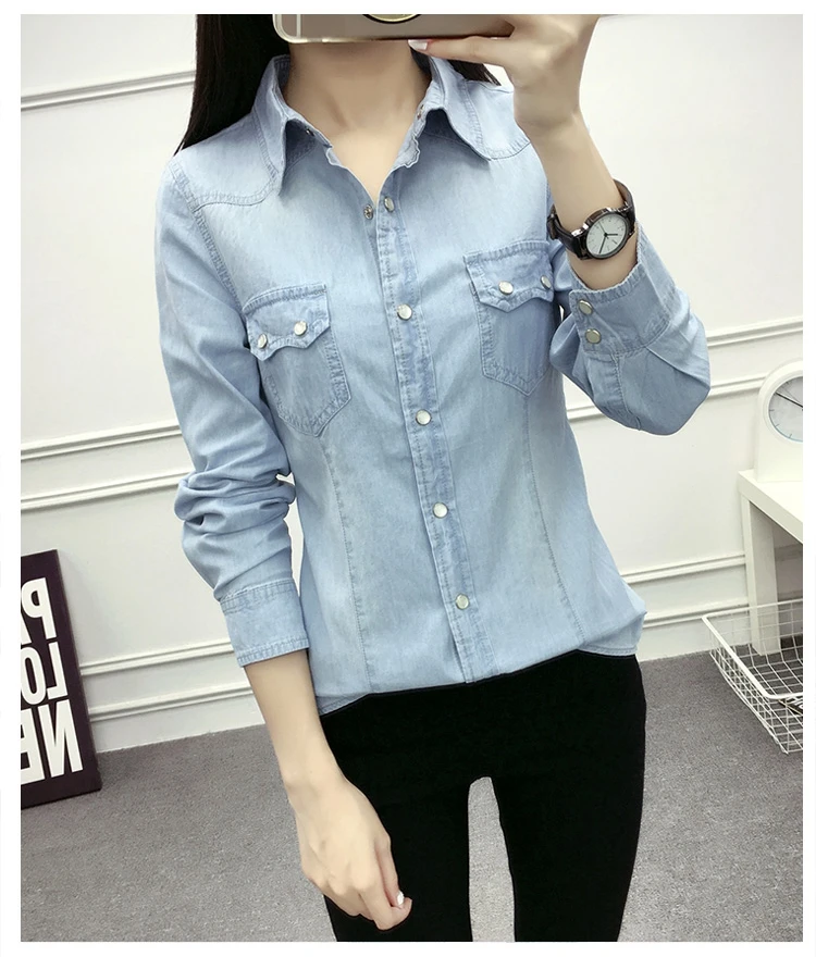New spring Autumn women cotton pocket Button decoration Turn-down Collar long sleeve blouse blue Denim shirt casual tops