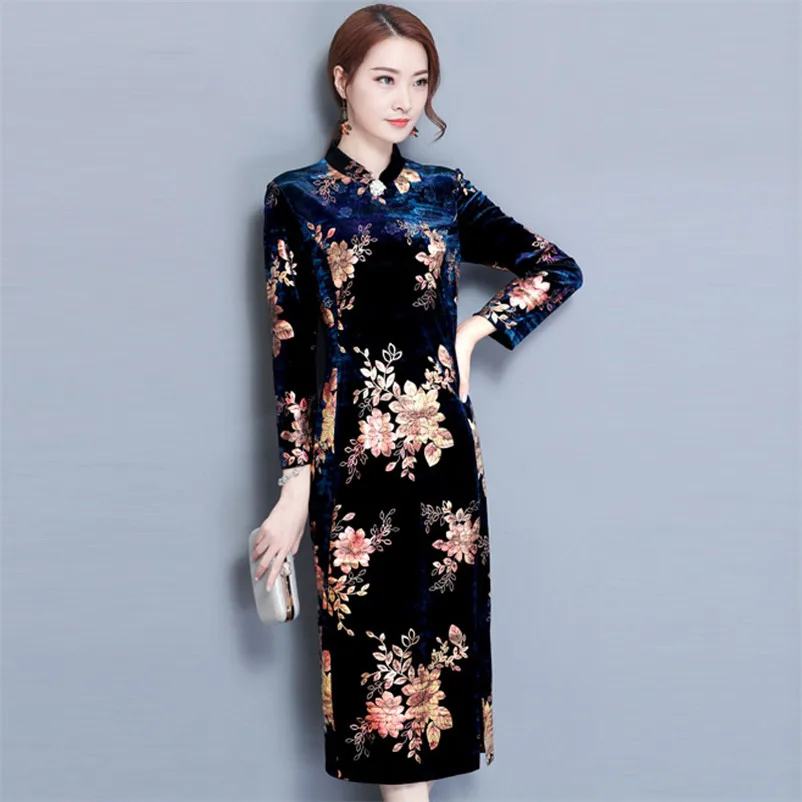 Blue Navy Classic Vintage Traditional Chinese Style Elegant Cheongsam Dress Charming Long Sleeve Mid-Calf Evening Qipao Dresses |