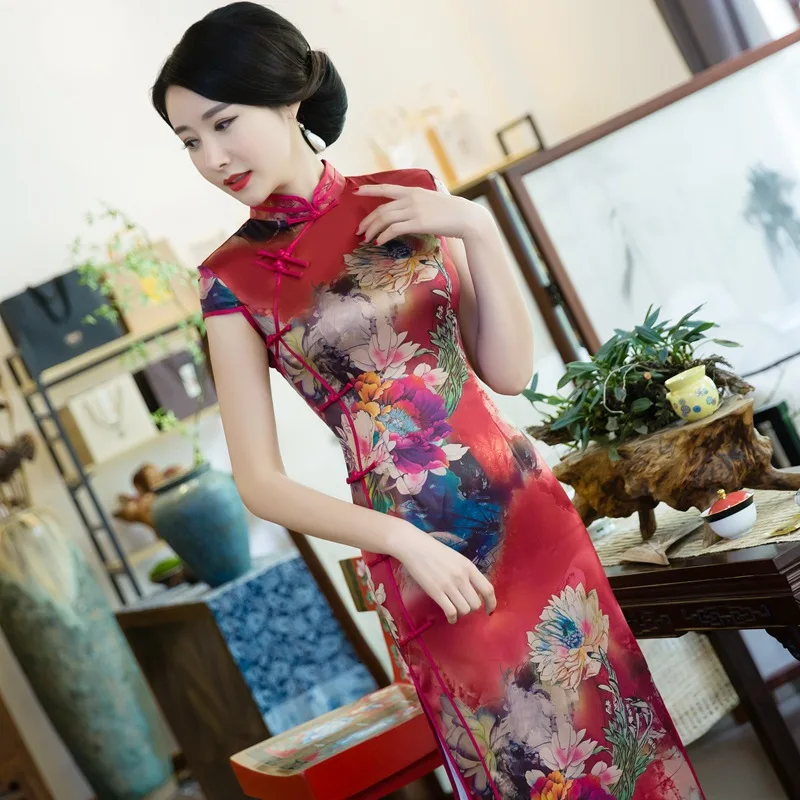 2019 пикантные Длинные Cheongsam в традиционном китайском стиле платье с короткими