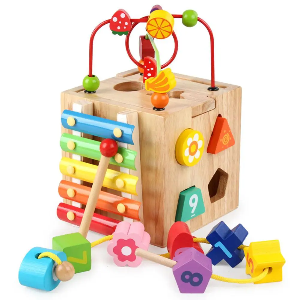 

Rccity деревянный кубический лабиринт с бусинами, американские горки с формой, сортер «Часы», стук, пианино, дети, Обучающие, счетные игрушки