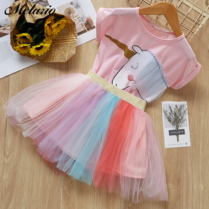 AZ1544pink Melario/комплекты одежды для девочек коллекция года, летняя Милая футболка принцессы с рисунком для девочек+ стеганое платье-зонтик, комплект одежды из 2 предметов, For3-8 - Цвет: AZ1544pink
