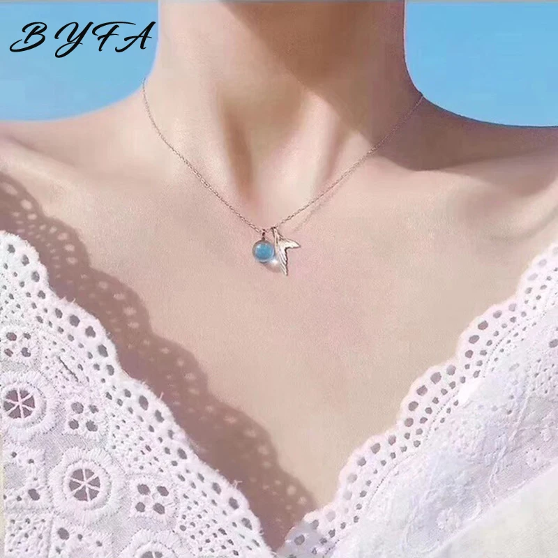 Women Silver Foam Tail Mermaid Pendant Necklace Fish Shape Blue Crystal Bead Transparent Clavicle Chain Jewelry Girl|Ожерелья с