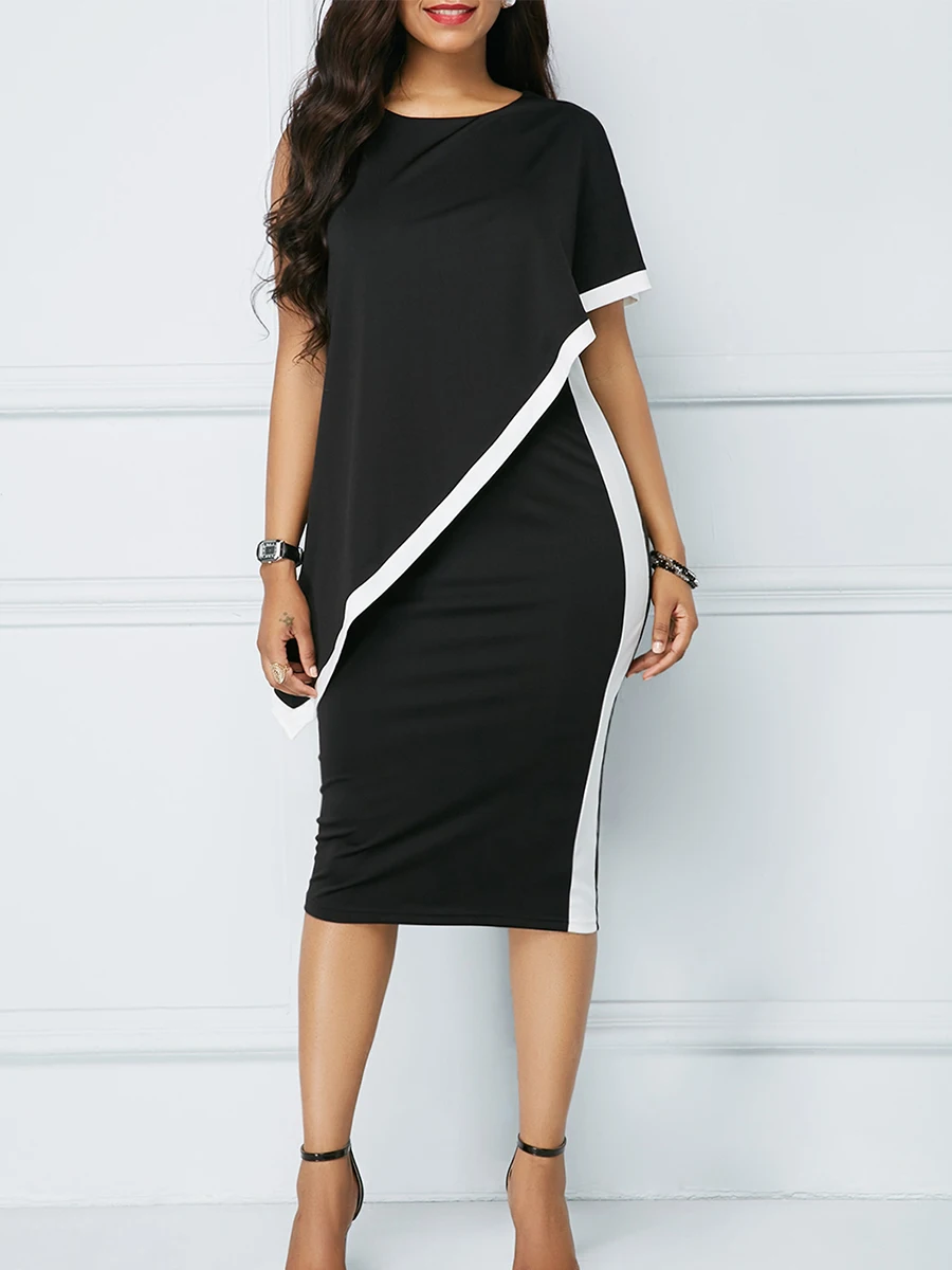 NEW Sexy One Shoulder Womens O-Neck Patchwork Elegant Office Dress Summer 3Color Knee Length Sheath Dress Vestidos Plus Size 5xl