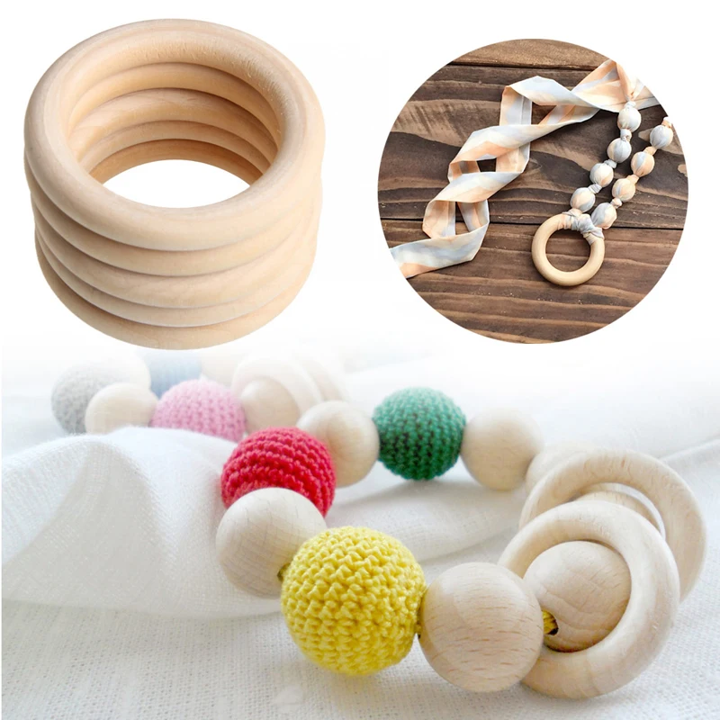 Anillos de dentici&oacute;n de madera para beb&eacute;, collar de c&iacute;rculo de madera holandesa de 70mm, pulsera artesanal, Natural, cuidado bucal, seguridad, 5 uds.-2
