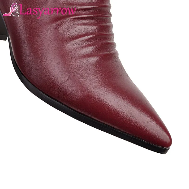 

Lasyarrow Fashion Women Autumn Boots Pointed Toe Zipper Chunky High Heels Ladies Boots Rivets Studded Half Boots big size 33-43