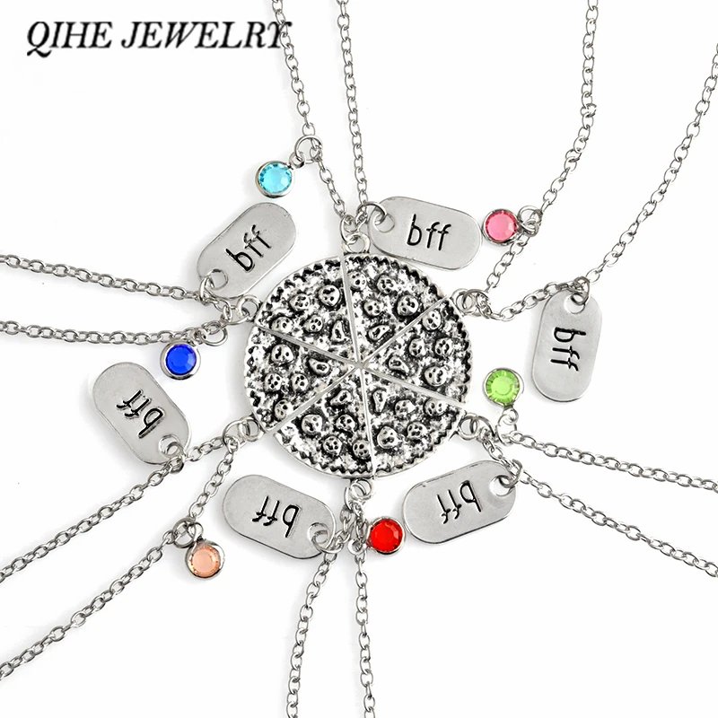 

QIHE JEWELRY 6pcs/set Pizza Necklace With BFF Charm Colorful Rhinestone Best Friends Forever Food Jewelry Gift For Her