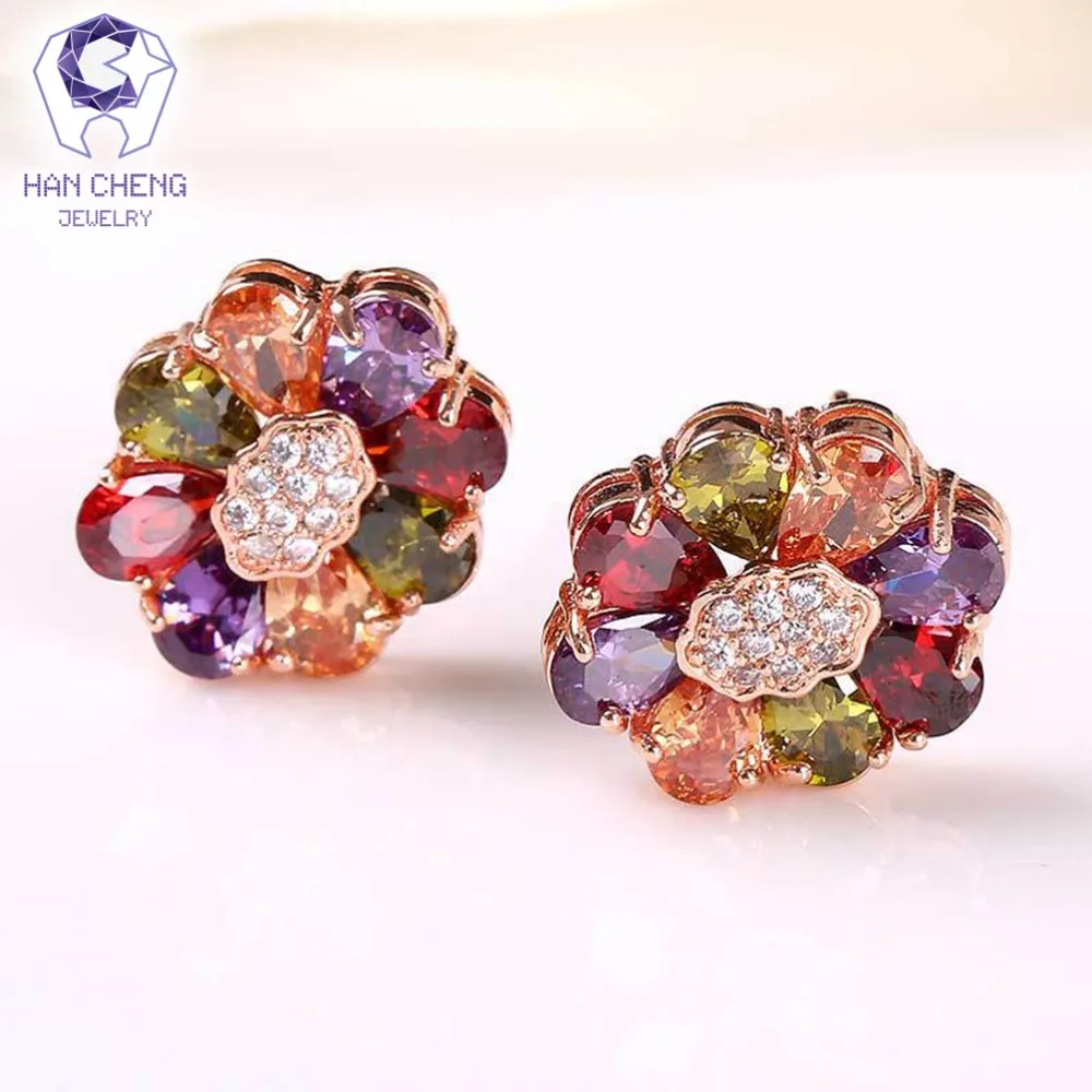 HanCheng New Fashion Luxury Copper Golden Plated Nail AAA Zircon Gem Stone Flower Stud Earrings For Women Jewelry brincos bijoux | Украшения