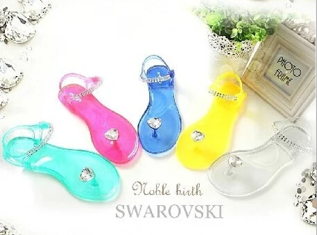 New shoes Korean peach heart rhinestone thong sandals jelly / flat transparent crystal | Обувь