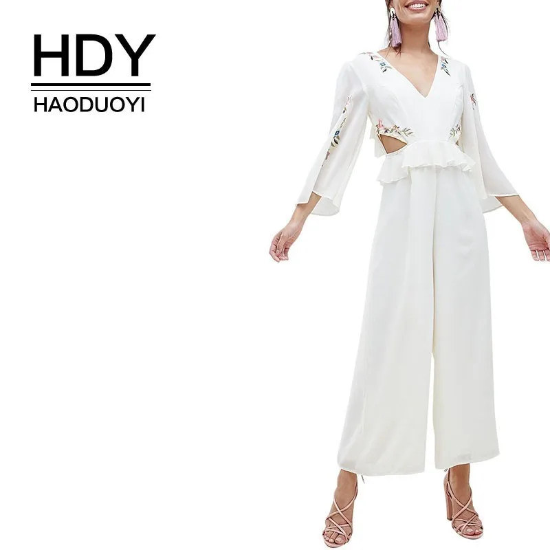 Женский простой комбинезон HDY Haoduoyi Белый Свободный с треугольным вырезом