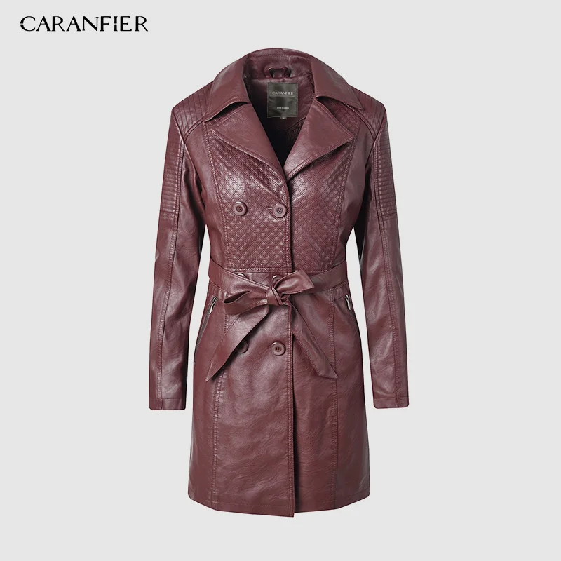 Красный CARANFIER, Женское пальто из искусственной кожи, зимнее пальто с длинным рукавом, двубортное длинное пальто, женская толстая бархатная ветровка - Цвет: Красный