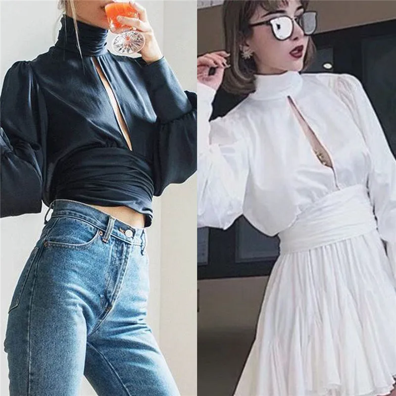 Hirigin новые женские сексуальные открытые атласные Блузки Женские однотонные рубашки с длинным рукавом дамское модное, с высоким воротником летние короткие топы