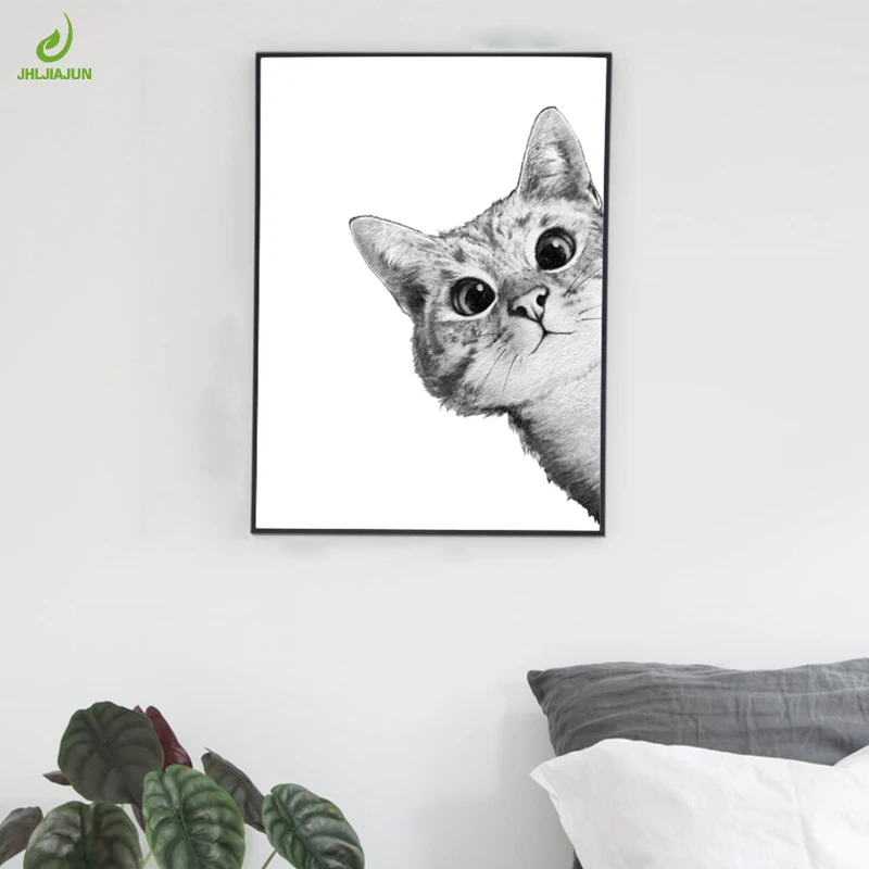 

JHLJIAJUN Nordic Hello Little Cat Canvas Painting With Wood Frame Black White Posters And Print Wall Art For Living Room Bedroom