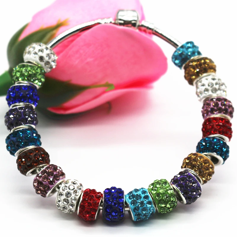 12mm Silver Color Cord Big Hole With Rhinestone Loose Beads Fit European Jewelry Bracelet Charms DIY 100pcs/lot | Украшения и