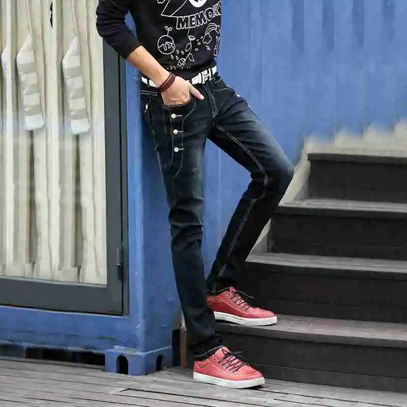#1406 узкие джинсы мужская мода новый 2018 High Street Slim Fit Button джинсовая байкерские