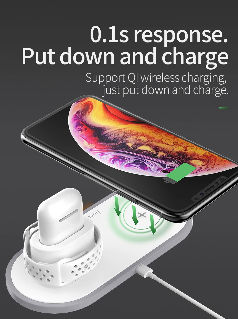 HOCO 3 в 1 Qi Беспроводное зарядное устройство для iPhone 11 pro X XS Max XR для Apple Watch 4 3 2 Airpods 10 Вт Быстрая зарядка для samsung S10