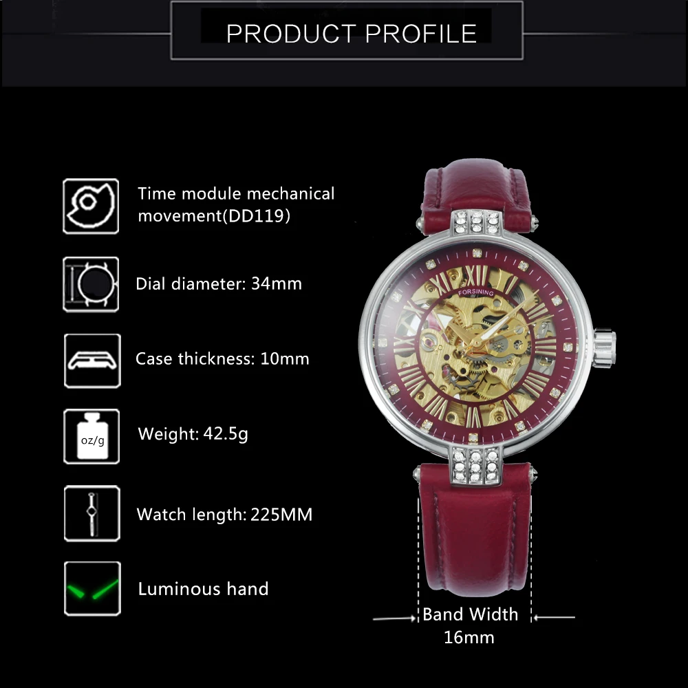 FORSINING винтажные элегантные женские часы с автоматическим механическим красным