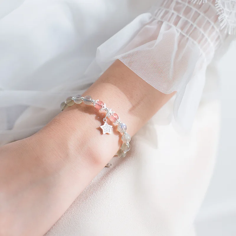 

MloveAcc Elegant Moonstone Crystal Bead Bracelet Real 925 Sterling Silver Chain bracelets for Women