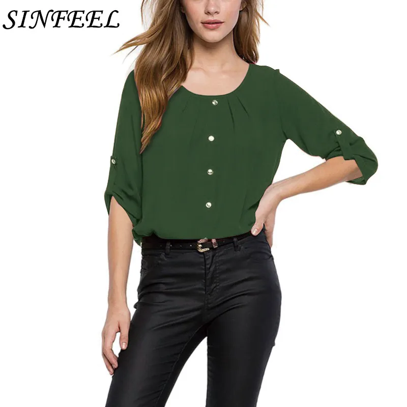 S-5XL Для женщин летние 3/4 с длинным рукавом Блузка женская Шифоновая блузка женская Повседневное рубашки на пуговицах Топы Blusa Feminina плюс Размеры S-5XL Для женщин летние 3/4 с длинным рукавом Блузка женская Шифоновая блузка женская Повседневное рубашки на пуговицах Топы Blusa Feminina плюс Размеры