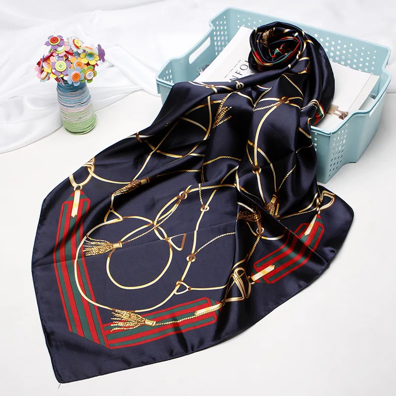 

Silk Scarf Women Fashion 2019 Summer Striped Printed Square Scarves New Design Large Head Hijab Female Foulard Bandana 90*90cm