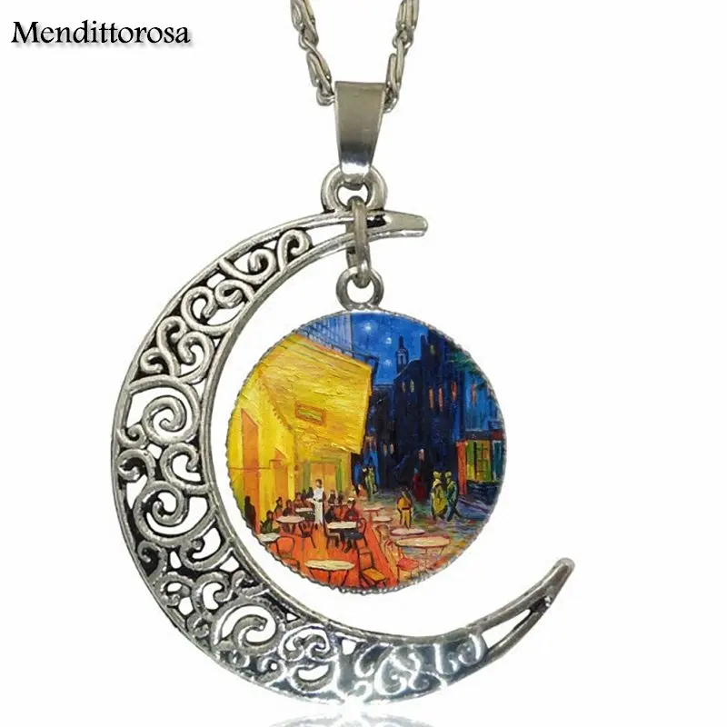 For Lovers Girl Friend Best Gift Van Gogh Cafe Terrace Glass Pendant Necklace Handmade Half Moon | Украшения и аксессуары