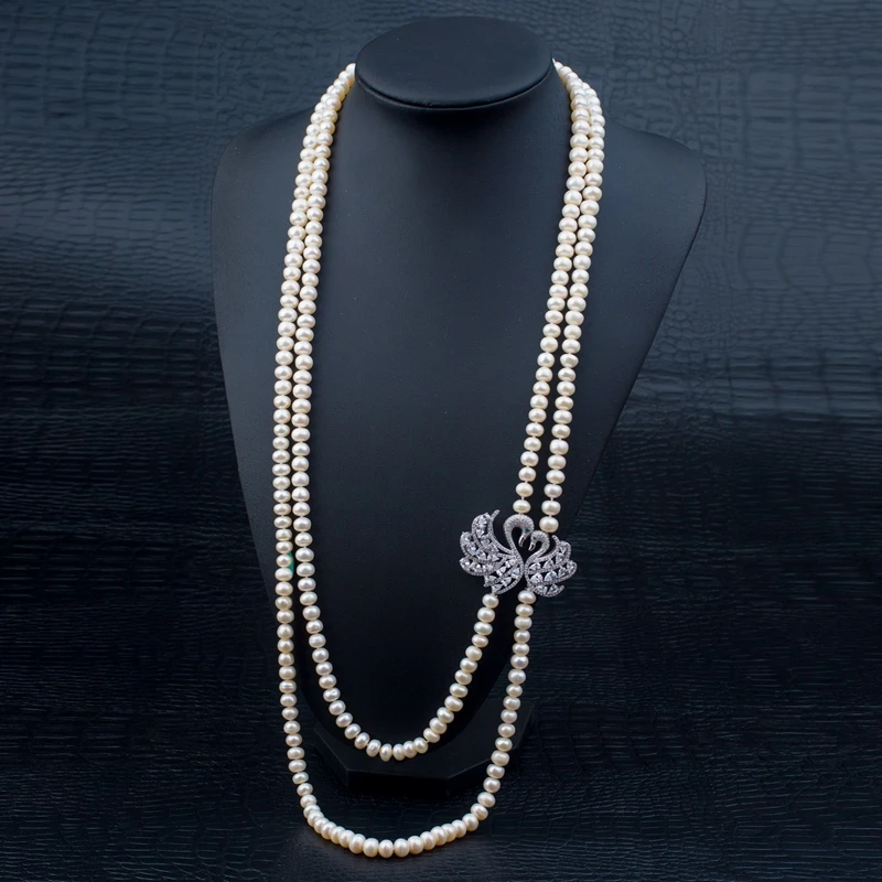 Роскошные двойные Лебеди жемчужное ожерелье нити натуральный жемчуг длинное