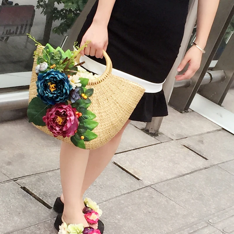 Artificial Flower Larger Capacity handbag women Woven Beach bag Summer Straw Bags For ladies Travel Tote Bag With Zipper 2019 | Багаж и