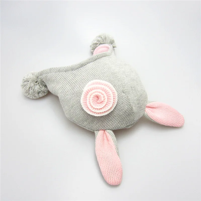 CmsDxz Girls Cap Winter Grey Rabbits With Pink Ears Child Hat Baby Hats Kids Girl Hair Accessoires Pompom | Детская одежда и обувь