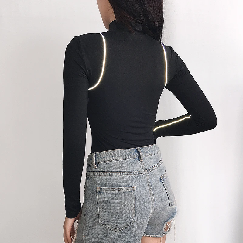 Waatfaak Turtleneck Long Sleeve Bodysuit Zipper Black Reflective Stripes Graphic Casual Elegant Women Body Sexy Bodies Ladies