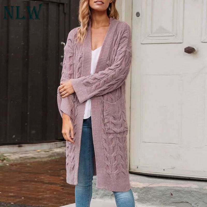 NLW Chenille Wool Long Pink Cardigans Women 2019 Autumn Winter Knitted White Pockets Cardigan Casual Loose High Quality |