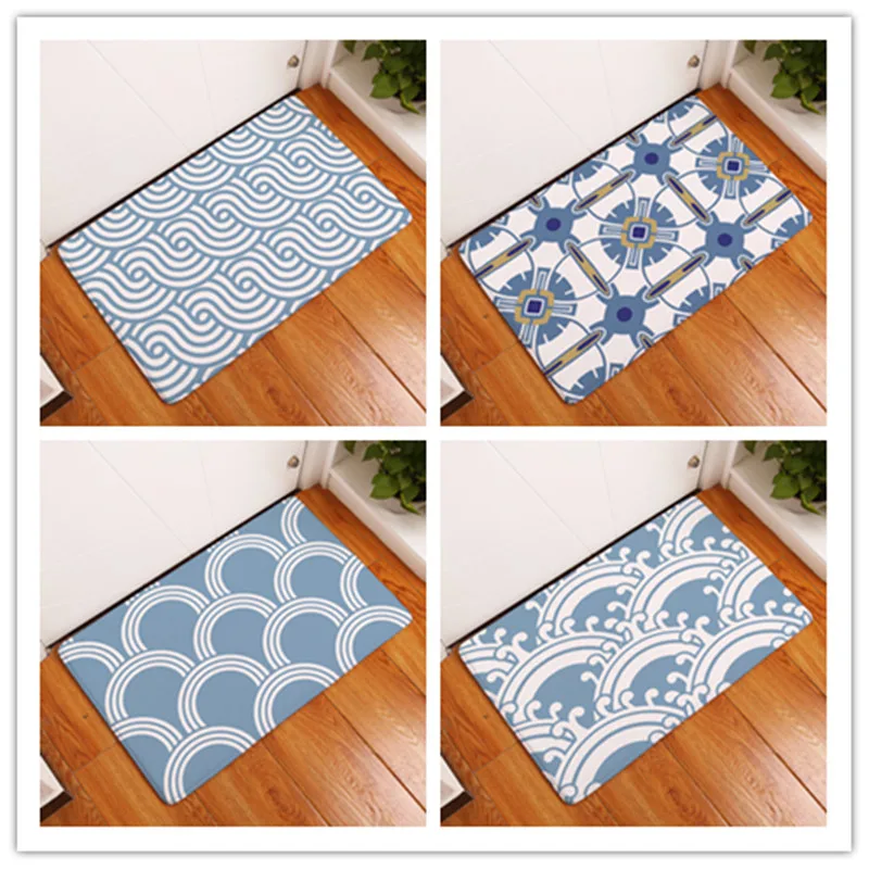 Flannel Entrance Home Anti Skid Blue Floral Wave Decorative Pattern Carpets Light Thin Soft Water Absorption Bedroom Mats | Дом и сад