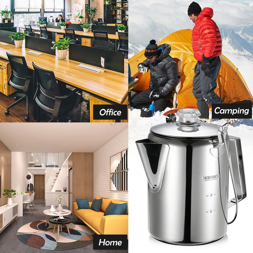 

Camping Coffee Pot Outdoor 9 Cup Stainless Steel Percolator Coffee Pot Coffee Maker for Camping Home Kitchen Pot
