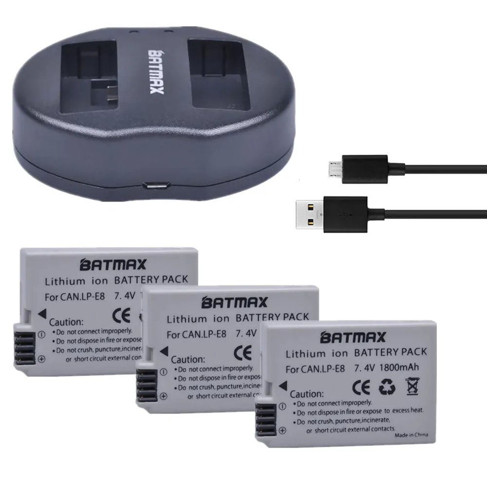 Аккумулятор для фотоаппарата Batmax 3pcs LP E8 + двойное зарядное устройство USB Canon EOS 550D