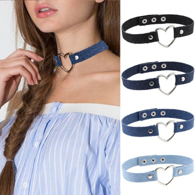 

4Pcs/Set Blue Denim Heart Choker Necklace For Women Jeans Chokers tattoo Collar Collier ras de cou colar bijoux femme AL438